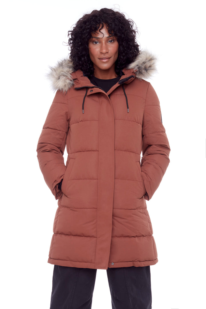 AULAVIK | WOMEN'S VEGAN DOWN (RECYCLED) MID-LENGTH HOODED PARKA COAT, MAPLE