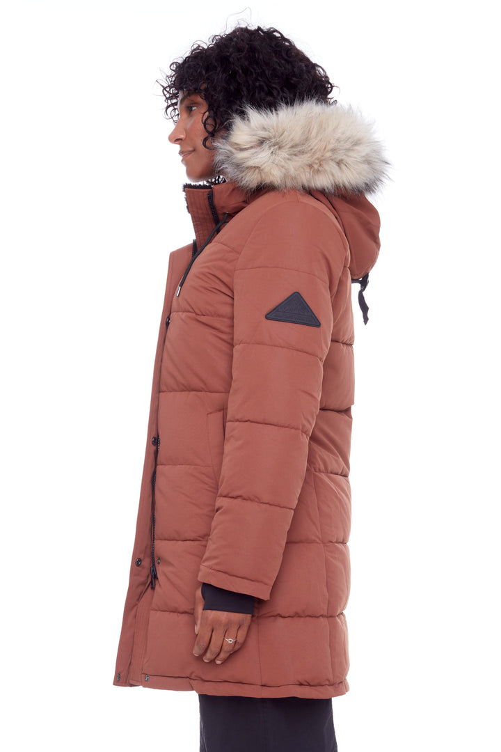 AULAVIK | WOMEN'S VEGAN DOWN (RECYCLED) MID-LENGTH HOODED PARKA COAT, MAPLE