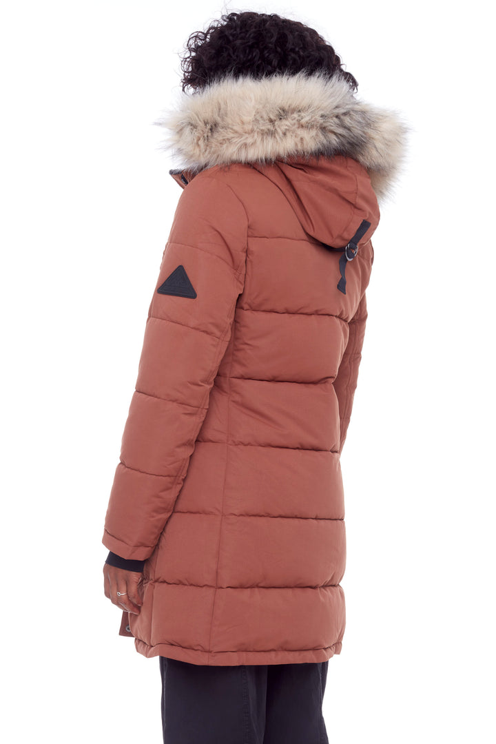 AULAVIK | WOMEN'S VEGAN DOWN (RECYCLED) MID-LENGTH HOODED PARKA COAT, MAPLE