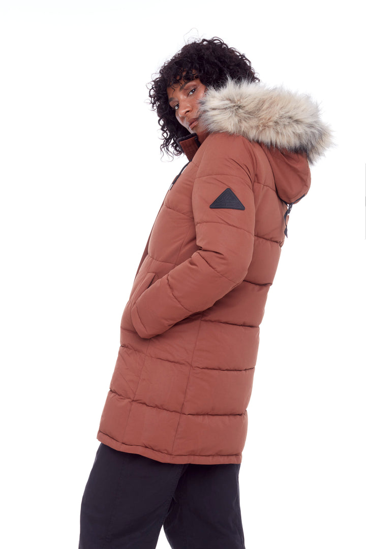 AULAVIK | WOMEN'S VEGAN DOWN (RECYCLED) MID-LENGTH HOODED PARKA COAT, MAPLE