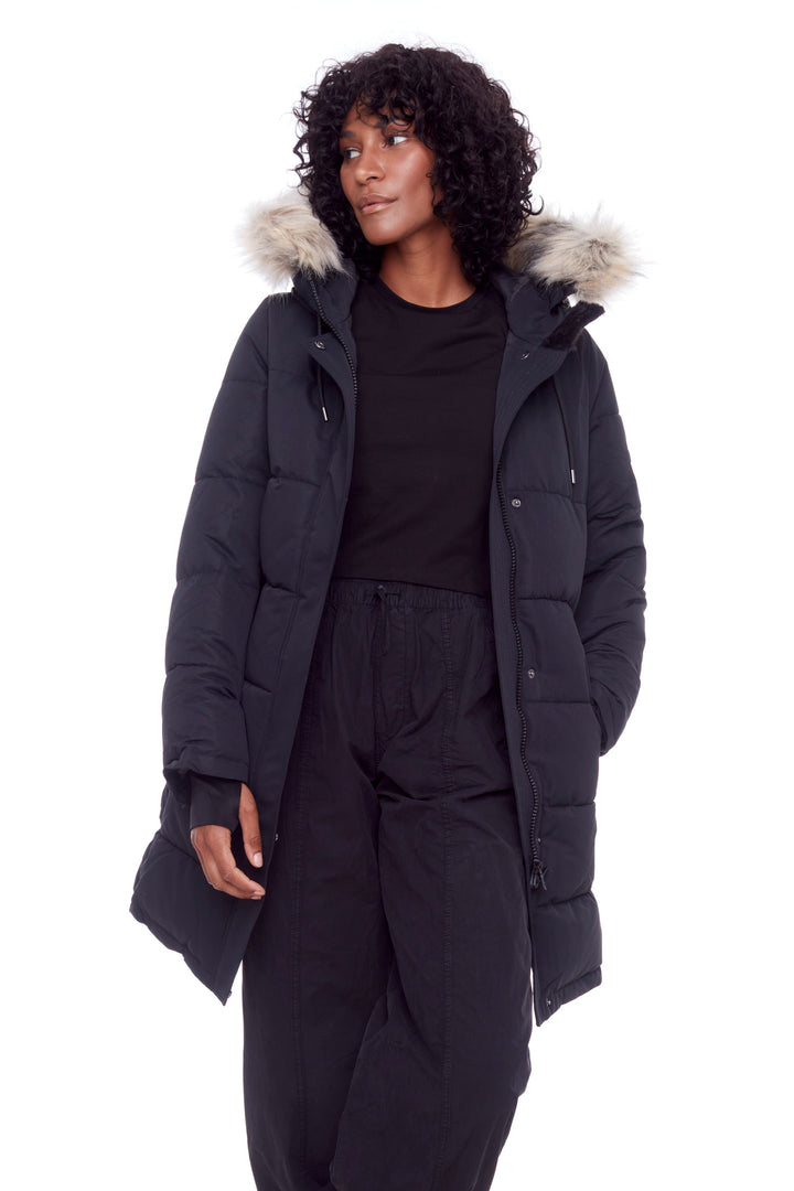 AULAVIK | WOMEN'S VEGAN DOWN (RECYCLED) MID-LENGTH HOODED PARKA COAT, BLACK