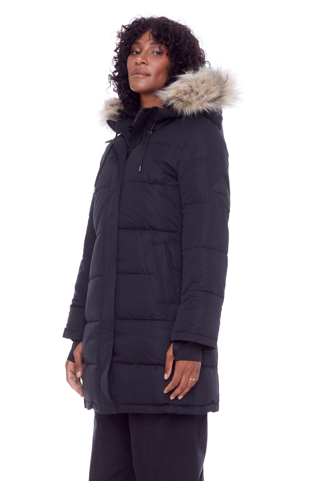 AULAVIK | WOMEN'S VEGAN DOWN (RECYCLED) MID-LENGTH HOODED PARKA COAT, BLACK