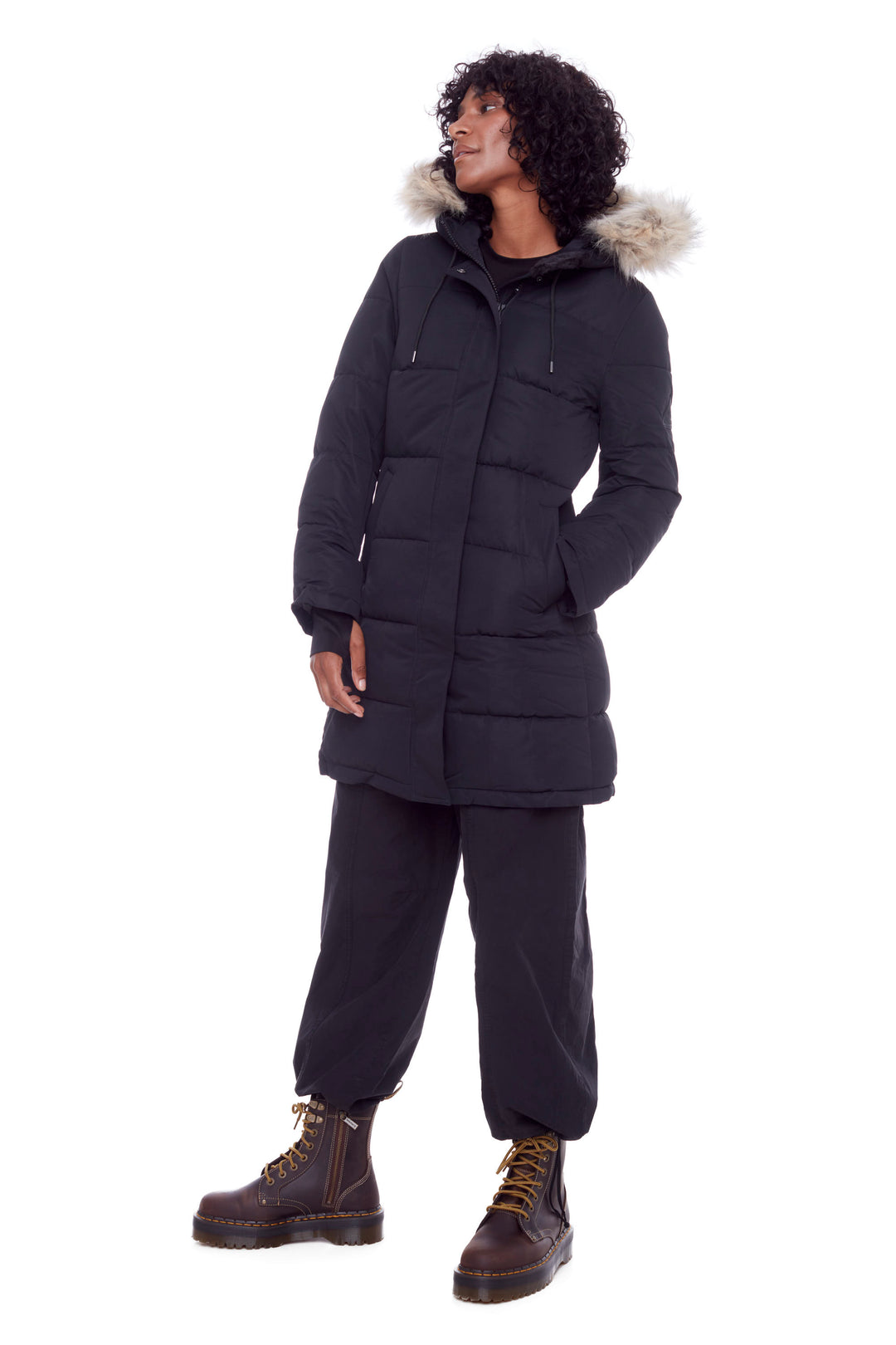 AULAVIK | WOMEN'S VEGAN DOWN (RECYCLED) MID-LENGTH HOODED PARKA COAT, BLACK