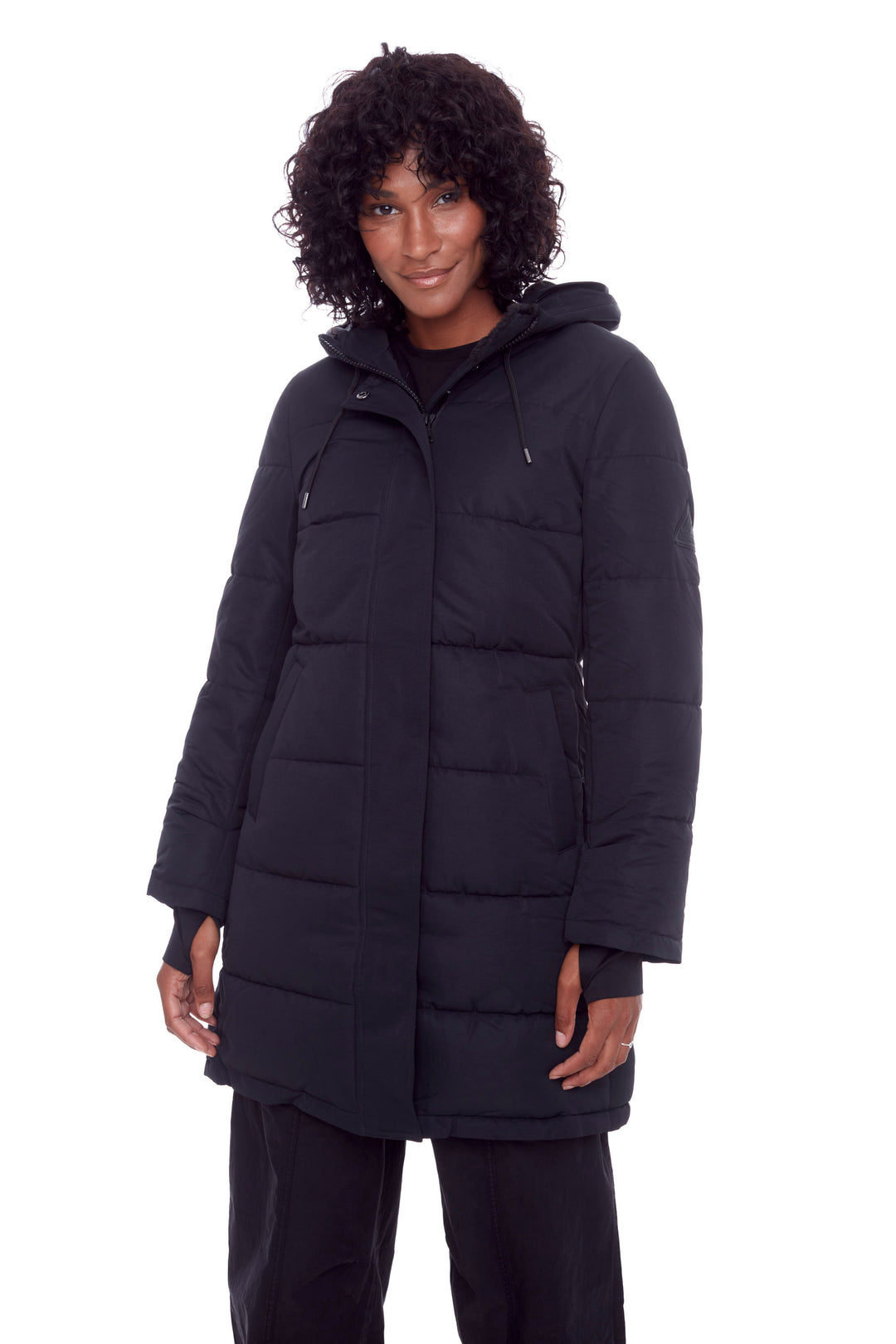 AULAVIK | WOMEN'S VEGAN DOWN (RECYCLED) MID-LENGTH HOODED PARKA COAT, BLACK