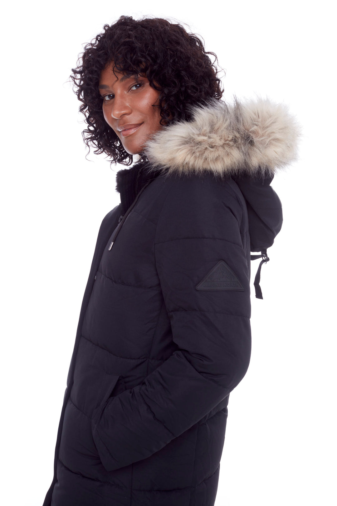 AULAVIK | WOMEN'S VEGAN DOWN (RECYCLED) MID-LENGTH HOODED PARKA COAT, BLACK