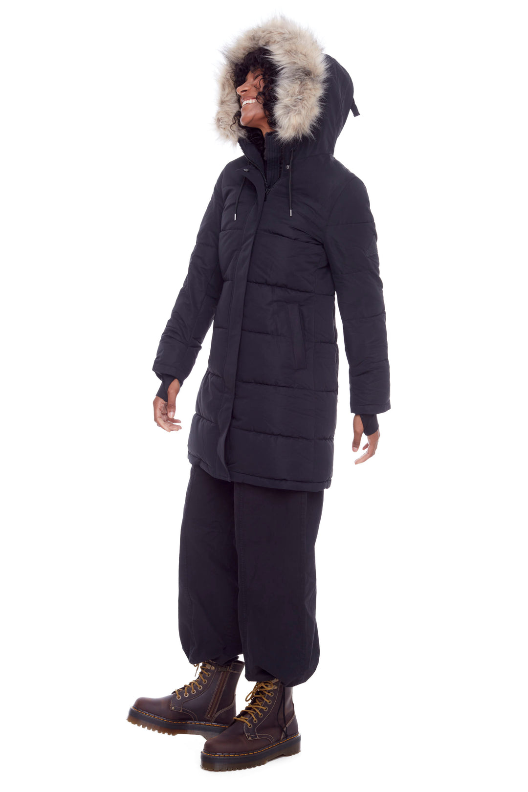 AULAVIK | WOMEN'S VEGAN DOWN (RECYCLED) MID-LENGTH HOODED PARKA COAT, BLACK