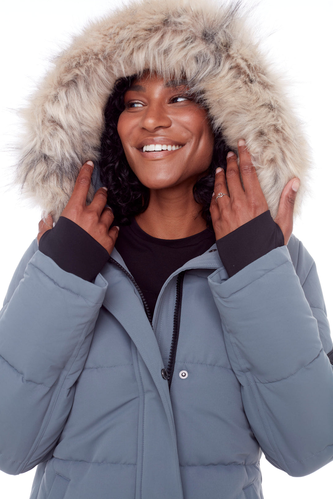 AULAVIK | WOMEN'S VEGAN DOWN (RECYCLED) MID-LENGTH HOODED PARKA COAT, SLATE