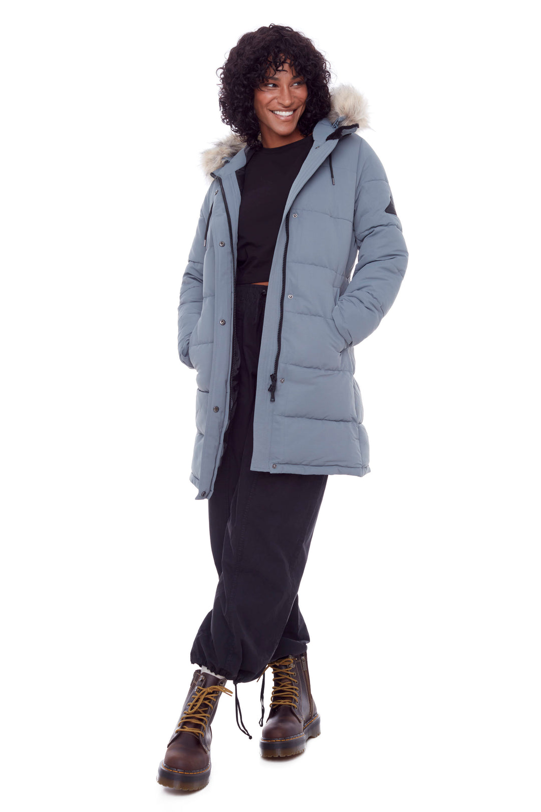 AULAVIK | WOMEN'S VEGAN DOWN (RECYCLED) MID-LENGTH HOODED PARKA COAT, SLATE