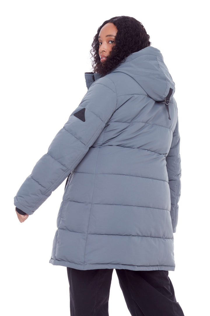 AULAVIK PLUS | WOMEN'S VEGAN DOWN (RECYCLED) MID-LENGTH HOODED PARKA COAT, SLATE (PLUS SIZE)