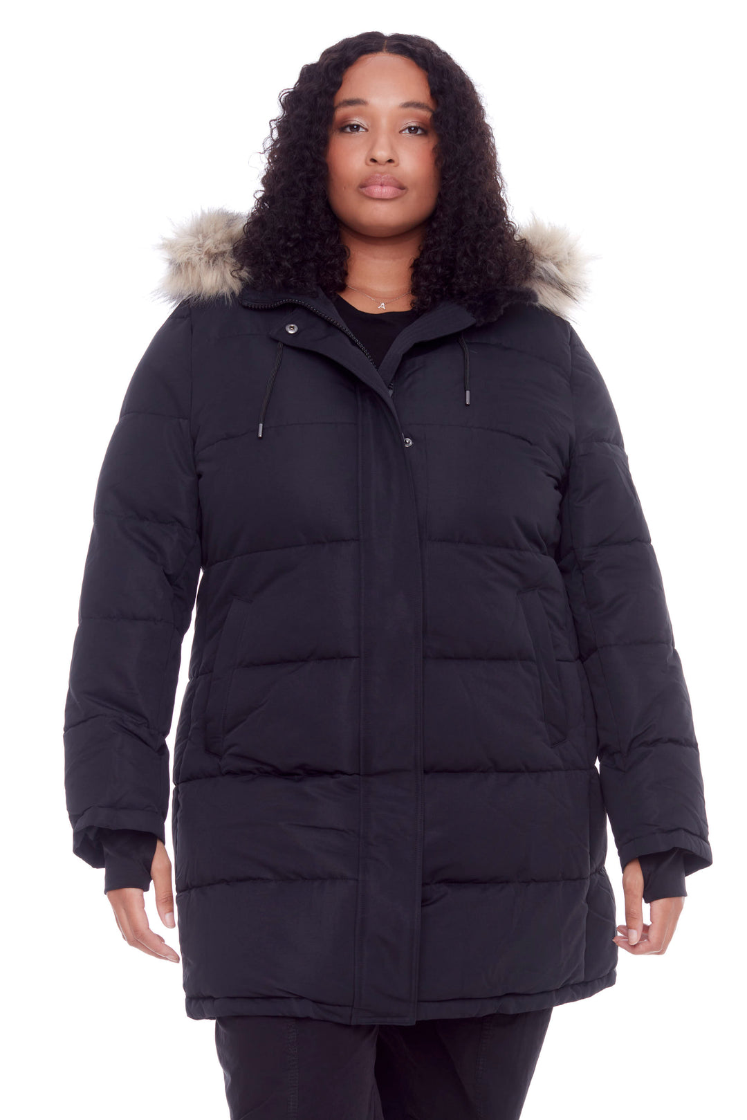 AULAVIK PLUS | WOMEN'S VEGAN DOWN (RECYCLED) MID-LENGTH HOODED PARKA COAT, BLACK (PLUS SIZE)