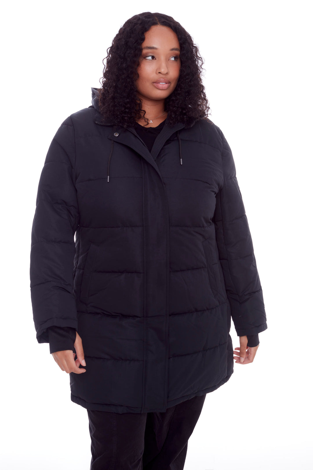 AULAVIK PLUS | WOMEN'S VEGAN DOWN (RECYCLED) MID-LENGTH HOODED PARKA COAT, BLACK (PLUS SIZE)