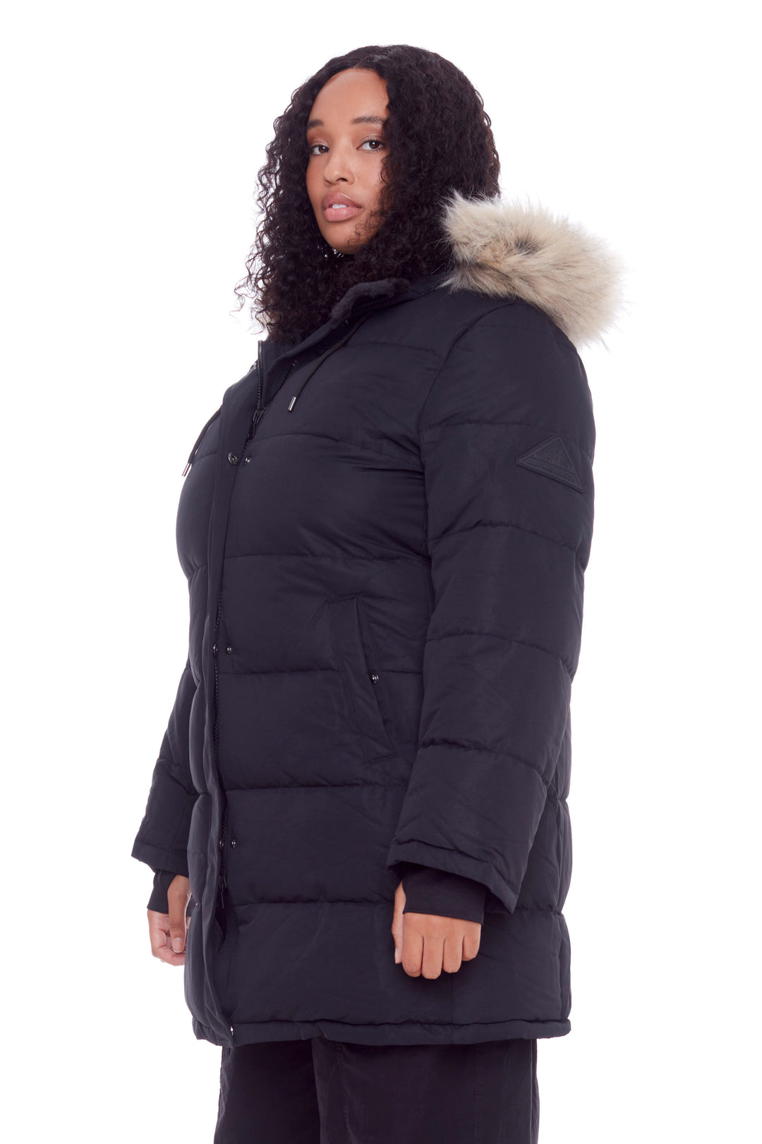 AULAVIK PLUS | WOMEN'S VEGAN DOWN (RECYCLED) MID-LENGTH HOODED PARKA COAT, BLACK (PLUS SIZE)