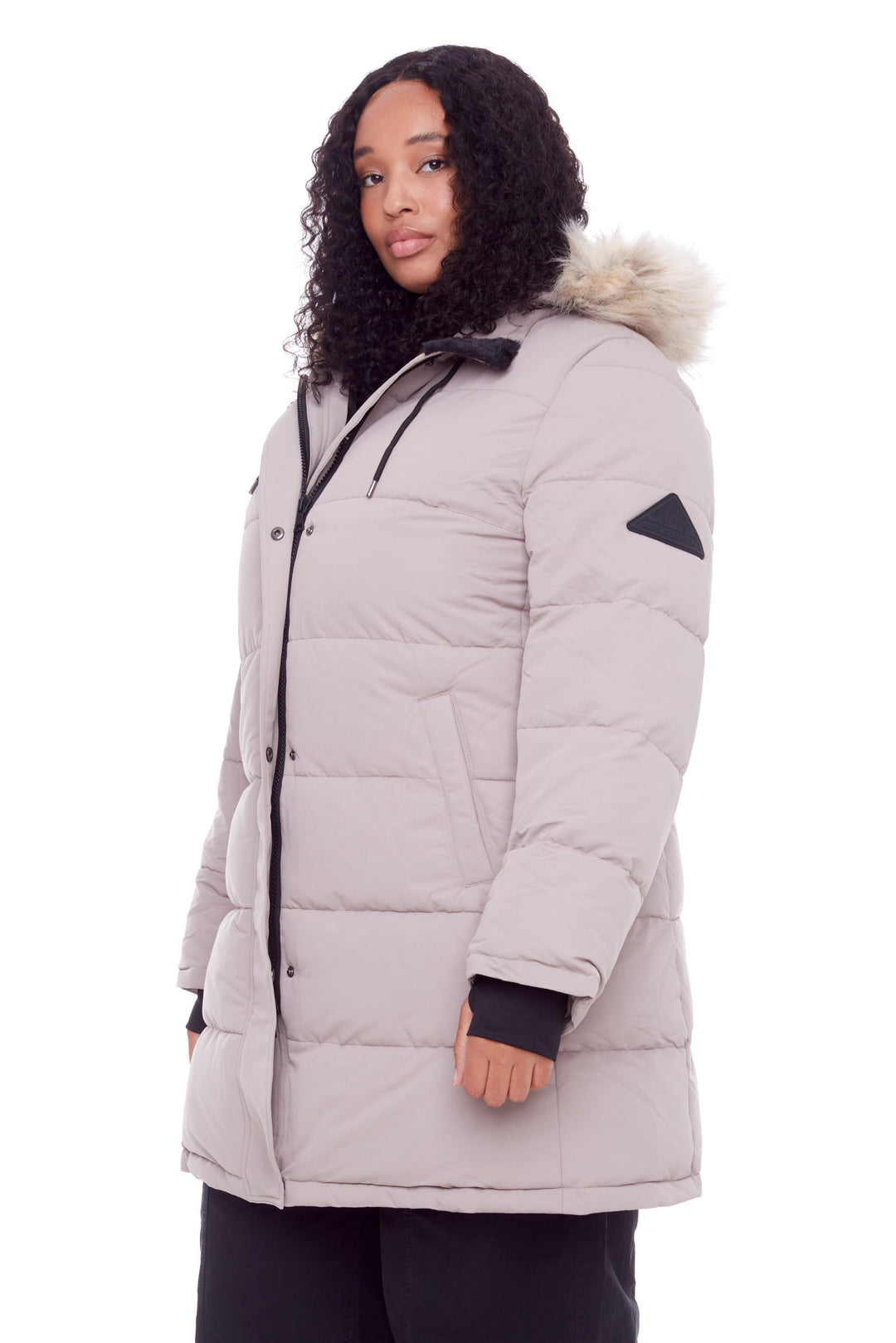 AULAVIK PLUS | WOMEN'S VEGAN DOWN (RECYCLED) MID-LENGTH HOODED PARKA COAT, LIGHT TAUPE (PLUS SIZE)