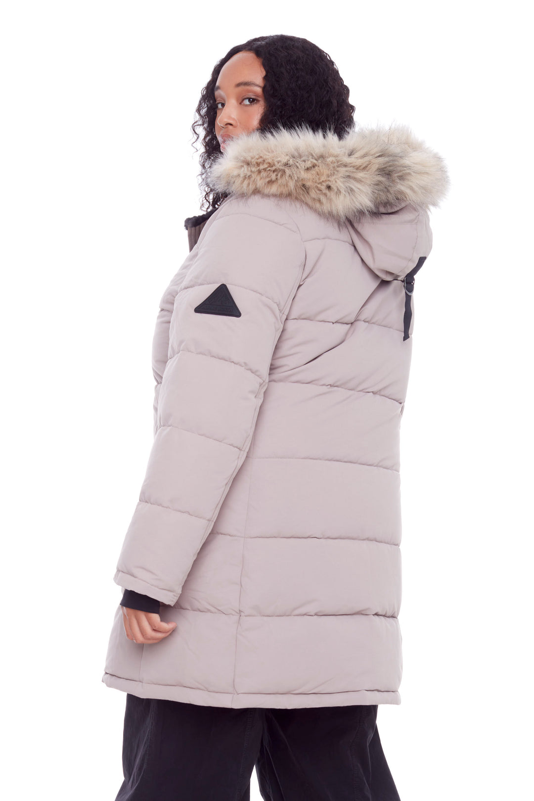 AULAVIK PLUS | WOMEN'S VEGAN DOWN (RECYCLED) MID-LENGTH HOODED PARKA COAT, LIGHT TAUPE (PLUS SIZE)