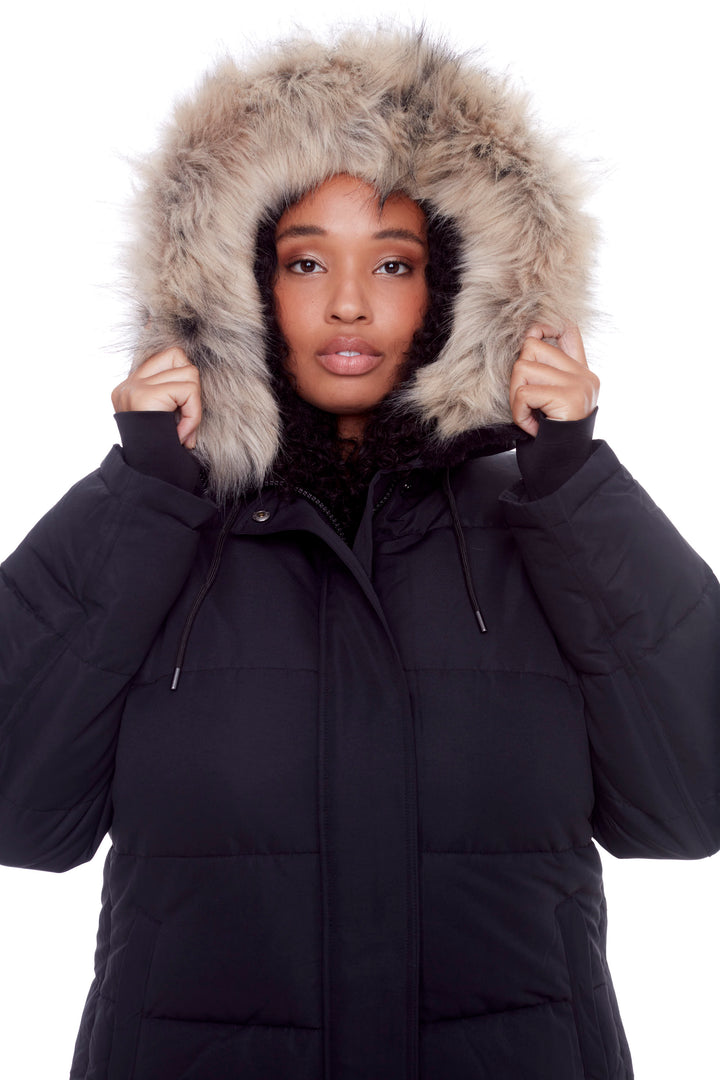 AULAVIK PLUS | WOMEN'S VEGAN DOWN (RECYCLED) MID-LENGTH HOODED PARKA COAT, BLACK (PLUS SIZE)