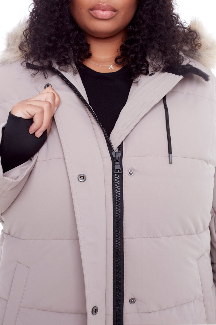 AULAVIK PLUS | WOMEN'S VEGAN DOWN (RECYCLED) MID-LENGTH HOODED PARKA COAT, LIGHT TAUPE (PLUS SIZE)
