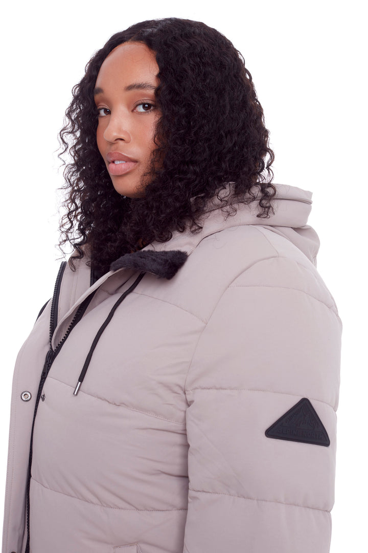 AULAVIK PLUS | WOMEN'S VEGAN DOWN (RECYCLED) MID-LENGTH HOODED PARKA COAT, LIGHT TAUPE (PLUS SIZE)