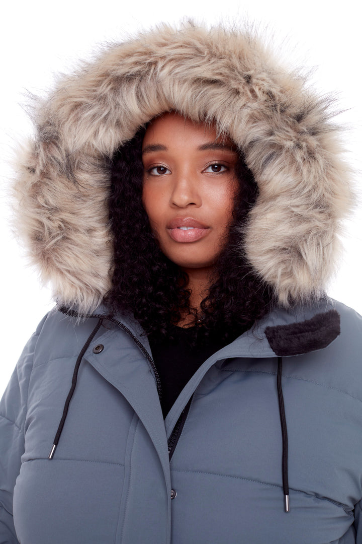 AULAVIK PLUS | WOMEN'S VEGAN DOWN (RECYCLED) MID-LENGTH HOODED PARKA COAT, SLATE (PLUS SIZE)