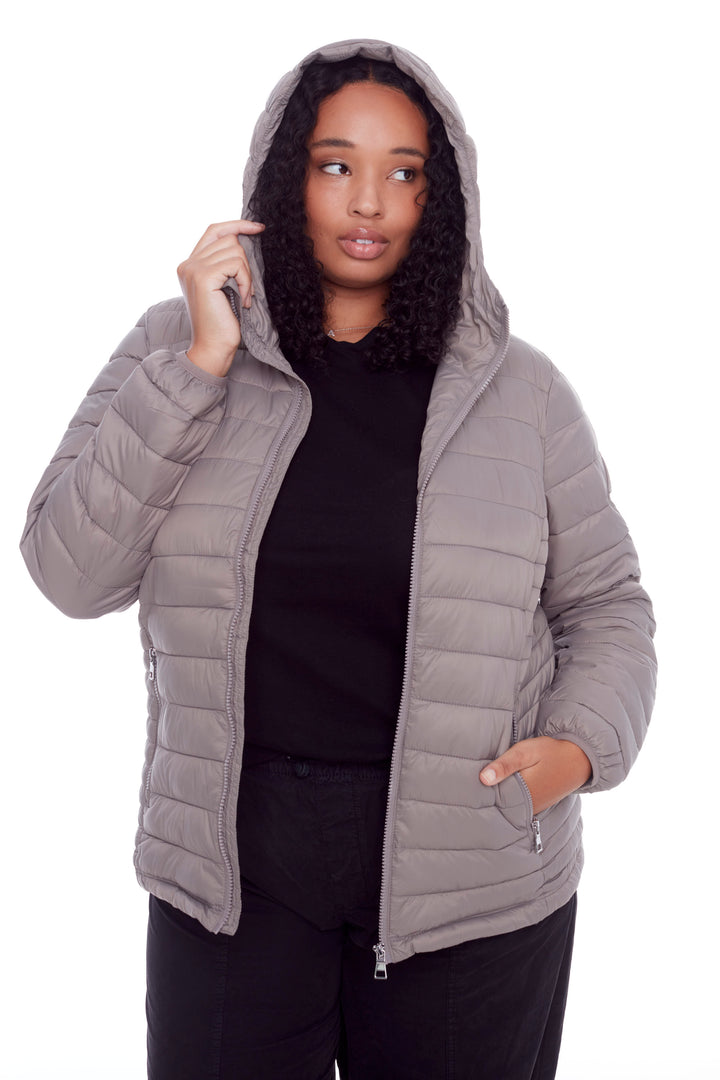 YOHO PLUS | WOMEN'S VEGAN DOWN (RECYCLED) LIGHTWEIGHT PACKABLE PUFFER, TAUPE (PLUS SIZE)