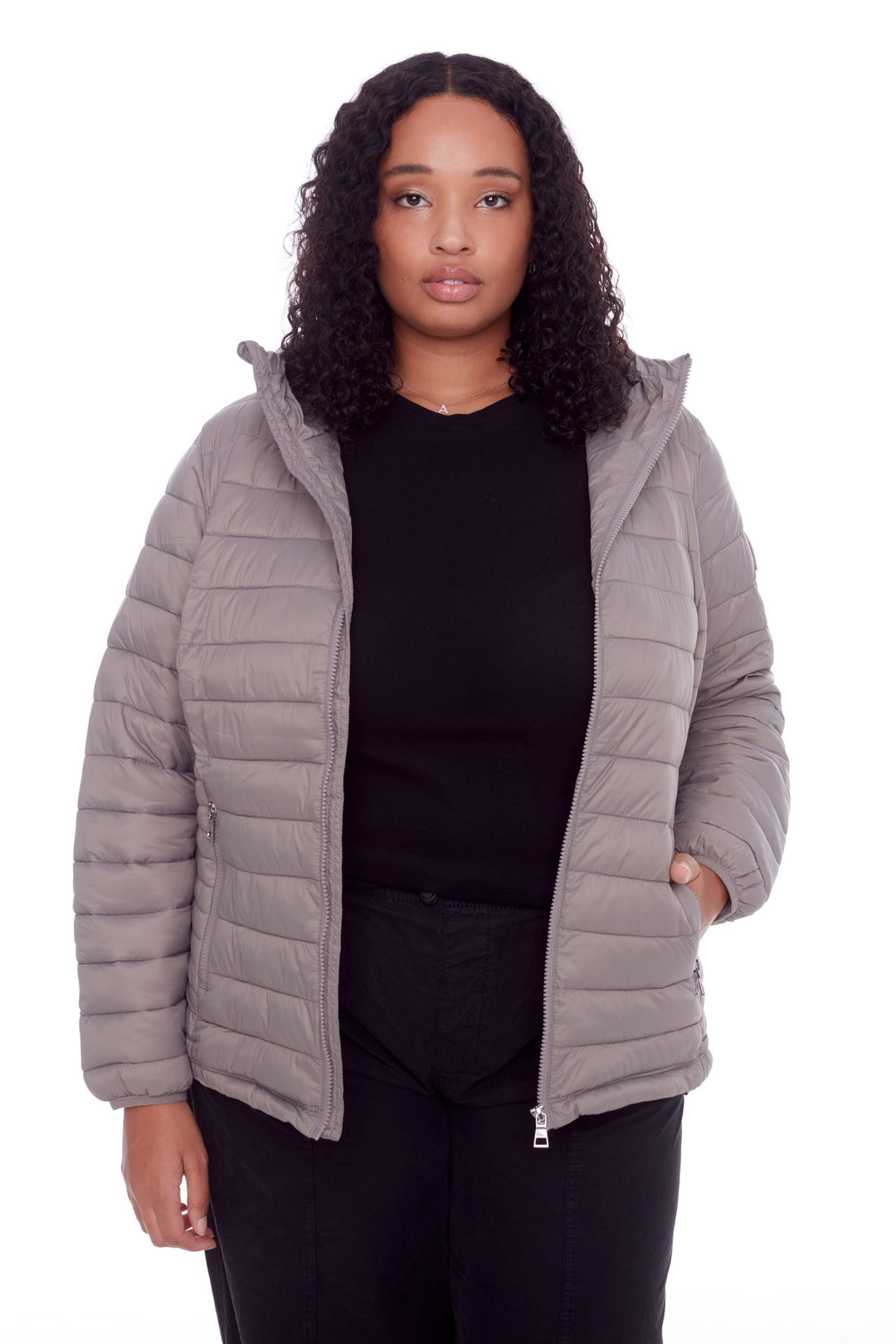 YOHO PLUS | WOMEN'S VEGAN DOWN (RECYCLED) LIGHTWEIGHT PACKABLE PUFFER, TAUPE (PLUS SIZE)