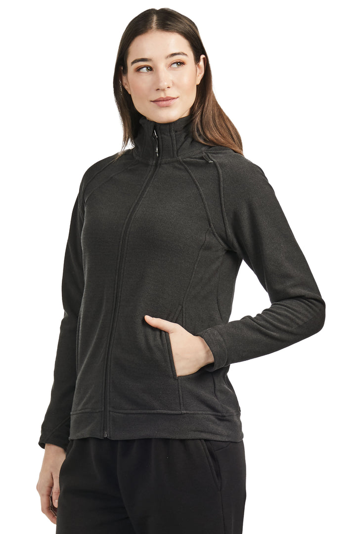 WOMEN'S FLEECE FULL ZIP SWEATER, BLACK HEATHER
