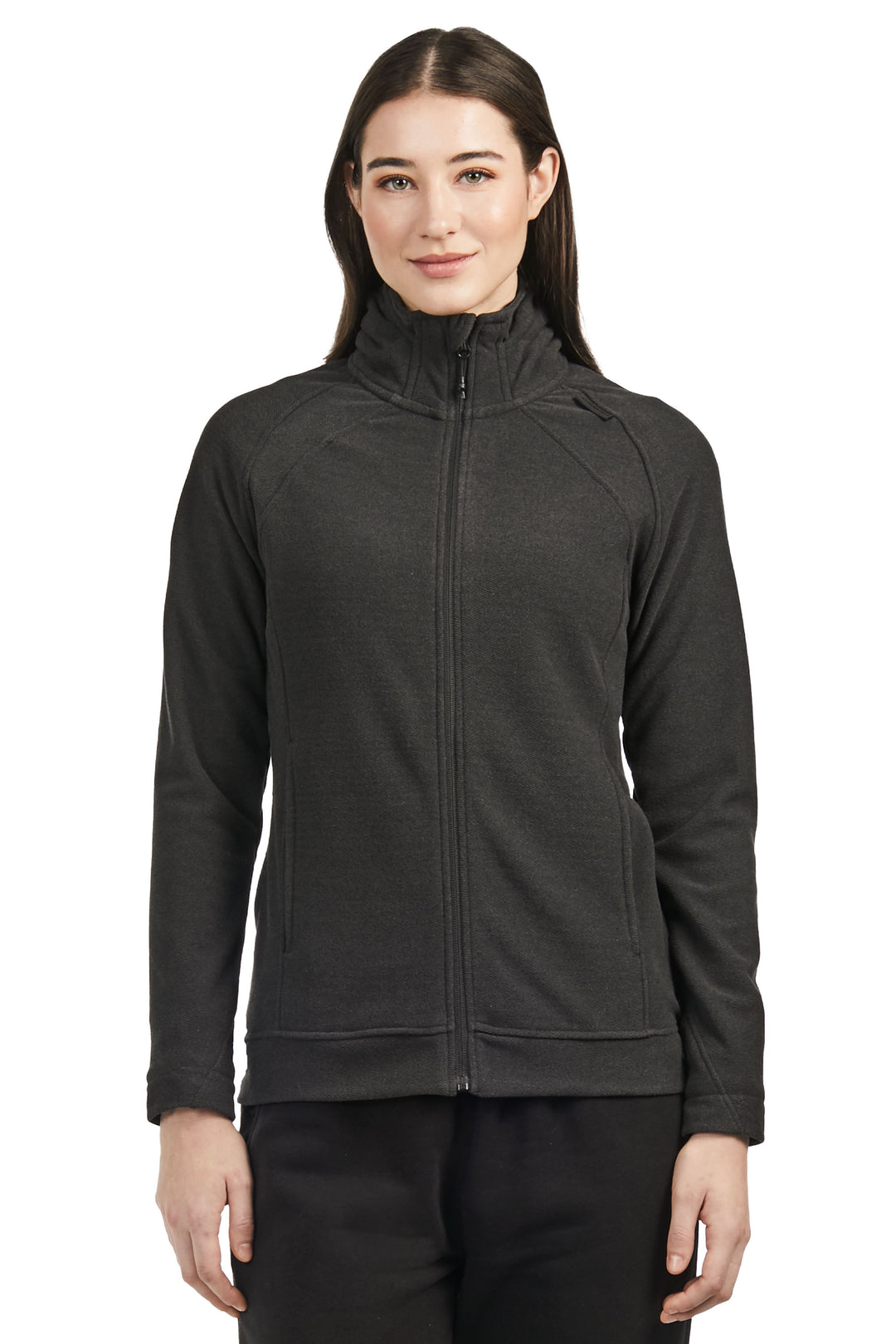 WOMEN'S FLEECE FULL ZIP SWEATER, BLACK HEATHER