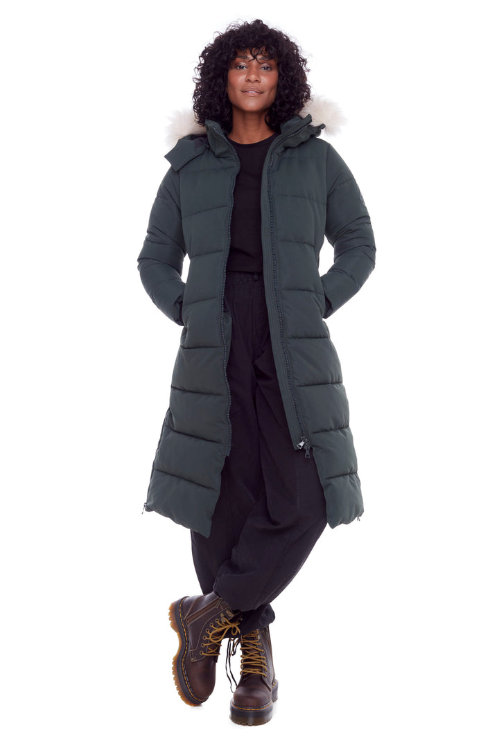 KLUANE | WOMEN'S VEGAN DOWN (RECYCLED) ULTRA LONG LENGTH PARKA, FOREST GREEN