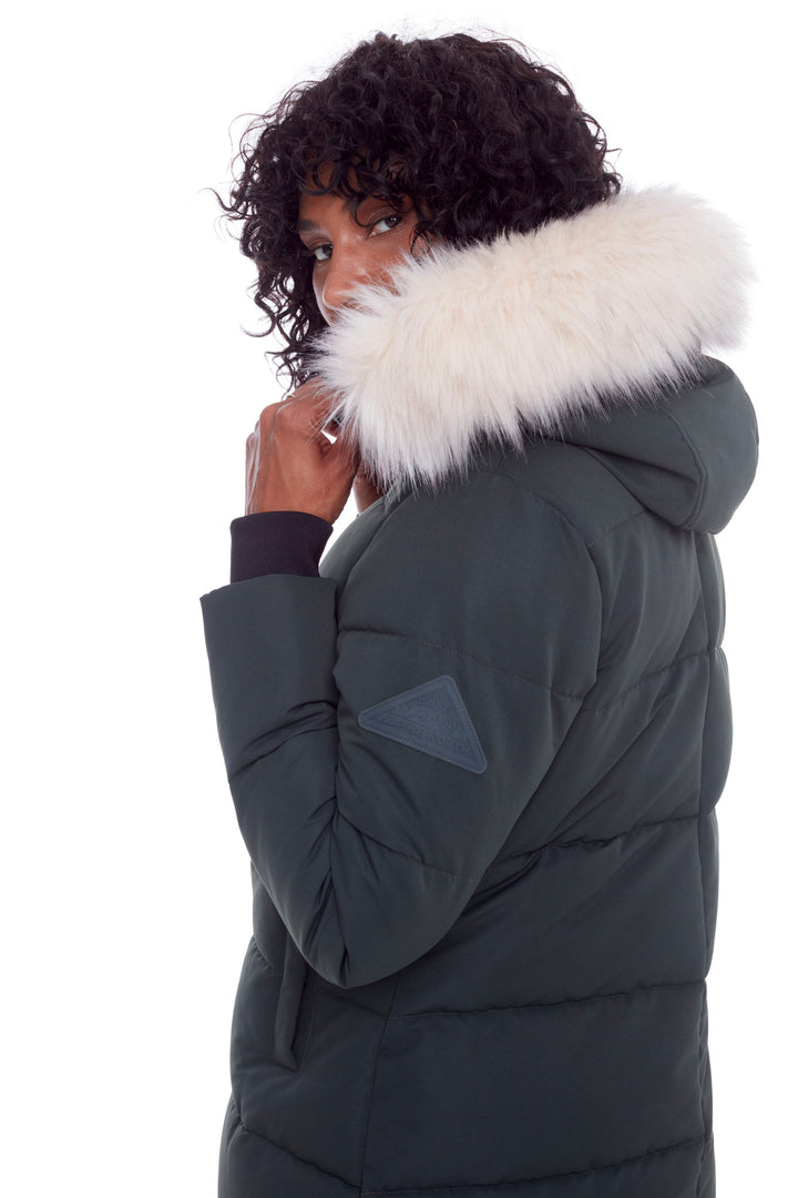 KLUANE | WOMEN'S VEGAN DOWN (RECYCLED) ULTRA LONG LENGTH PARKA, FOREST GREEN