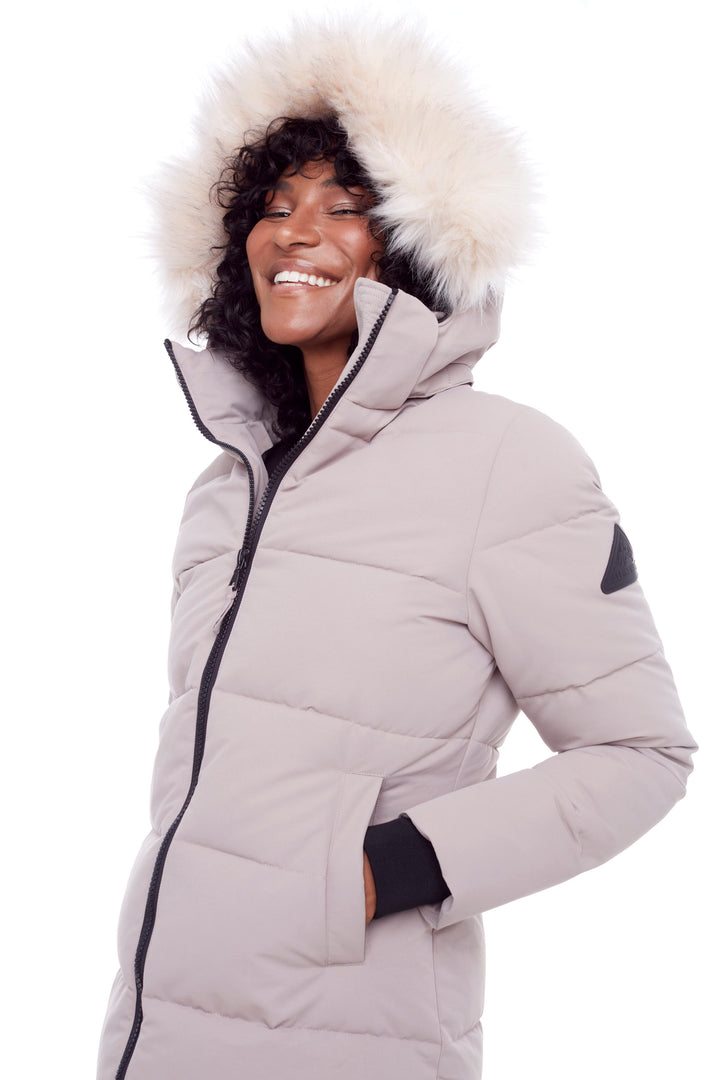 KLUANE | WOMEN'S VEGAN DOWN (RECYCLED) ULTRA LONG LENGTH PARKA, LIGHT TAUPE