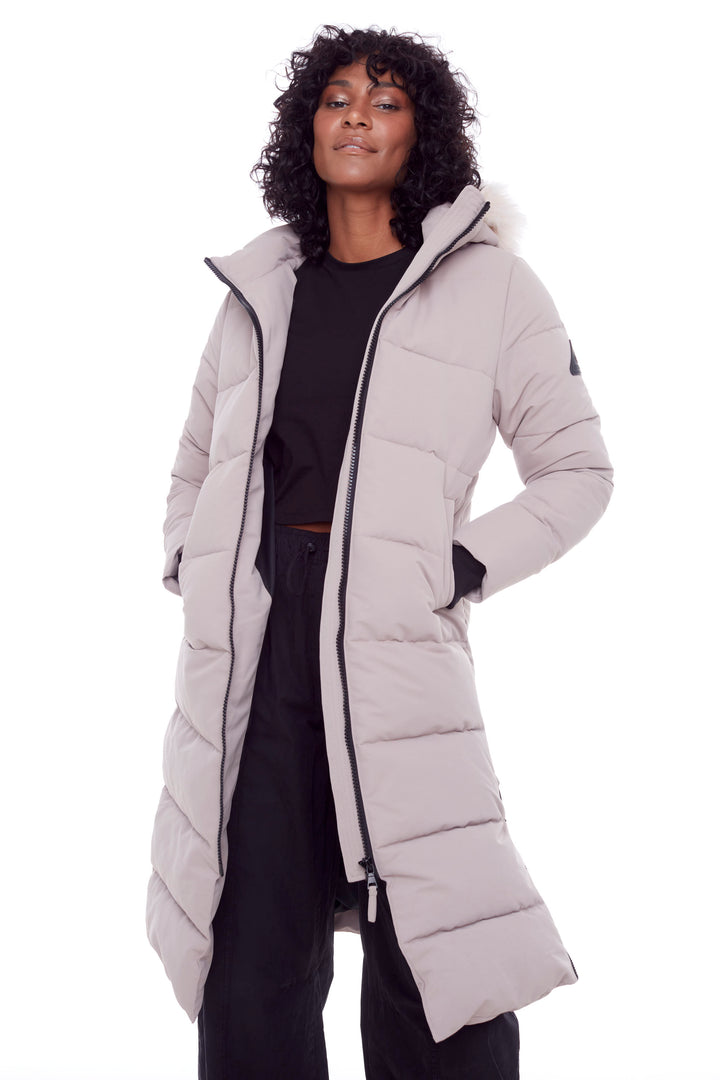 KLUANE | WOMEN'S VEGAN DOWN (RECYCLED) ULTRA LONG LENGTH PARKA, LIGHT TAUPE