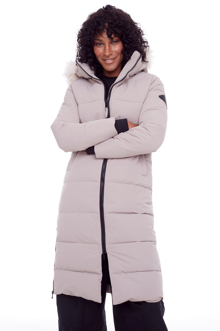 KLUANE | WOMEN'S VEGAN DOWN (RECYCLED) ULTRA LONG LENGTH PARKA, LIGHT TAUPE