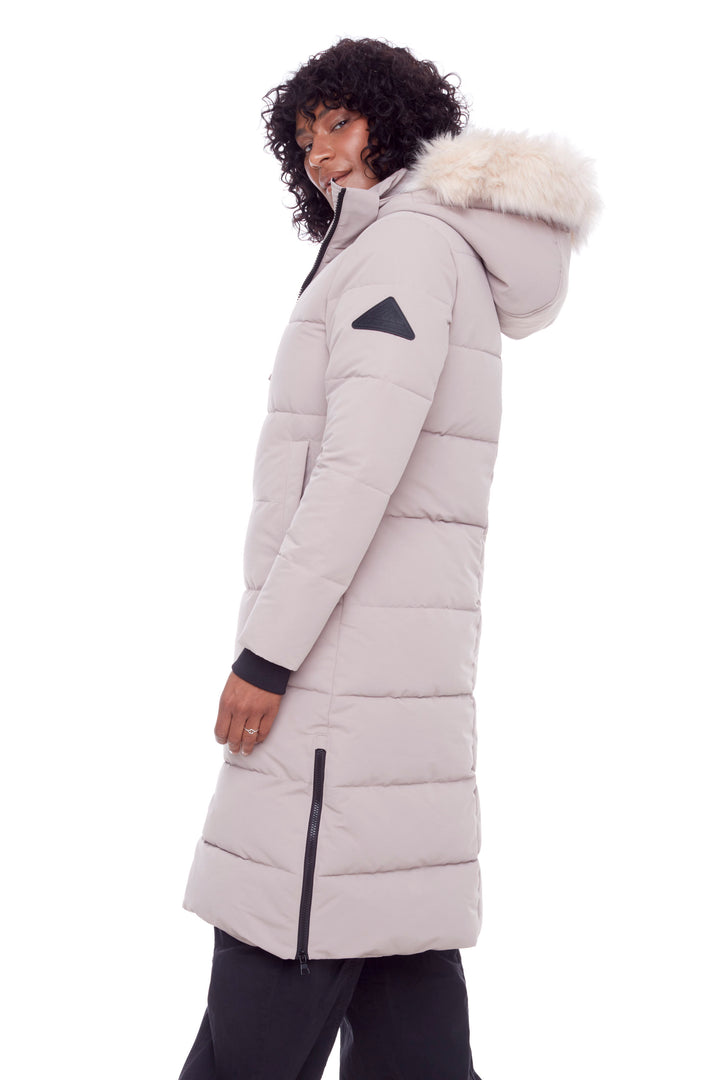 KLUANE | WOMEN'S VEGAN DOWN (RECYCLED) ULTRA LONG LENGTH PARKA, LIGHT TAUPE