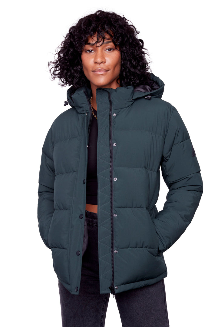 FORILLON | WOMEN'S VEGAN DOWN (RECYCLED) SHORT QUILTED PUFFER JACKET, DEEP GREEN