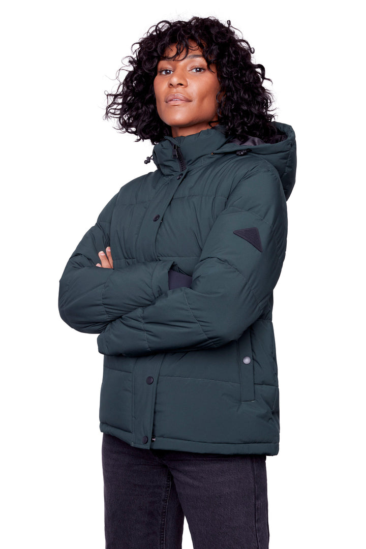 FORILLON | WOMEN'S VEGAN DOWN (RECYCLED) SHORT QUILTED PUFFER JACKET, DEEP GREEN