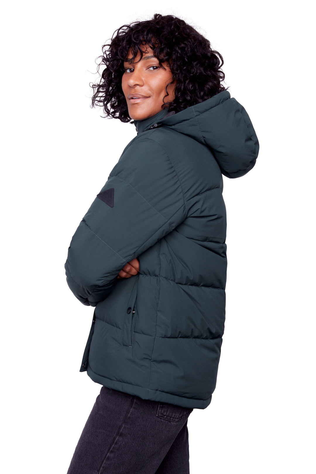 FORILLON | WOMEN'S VEGAN DOWN (RECYCLED) SHORT QUILTED PUFFER JACKET, DEEP GREEN