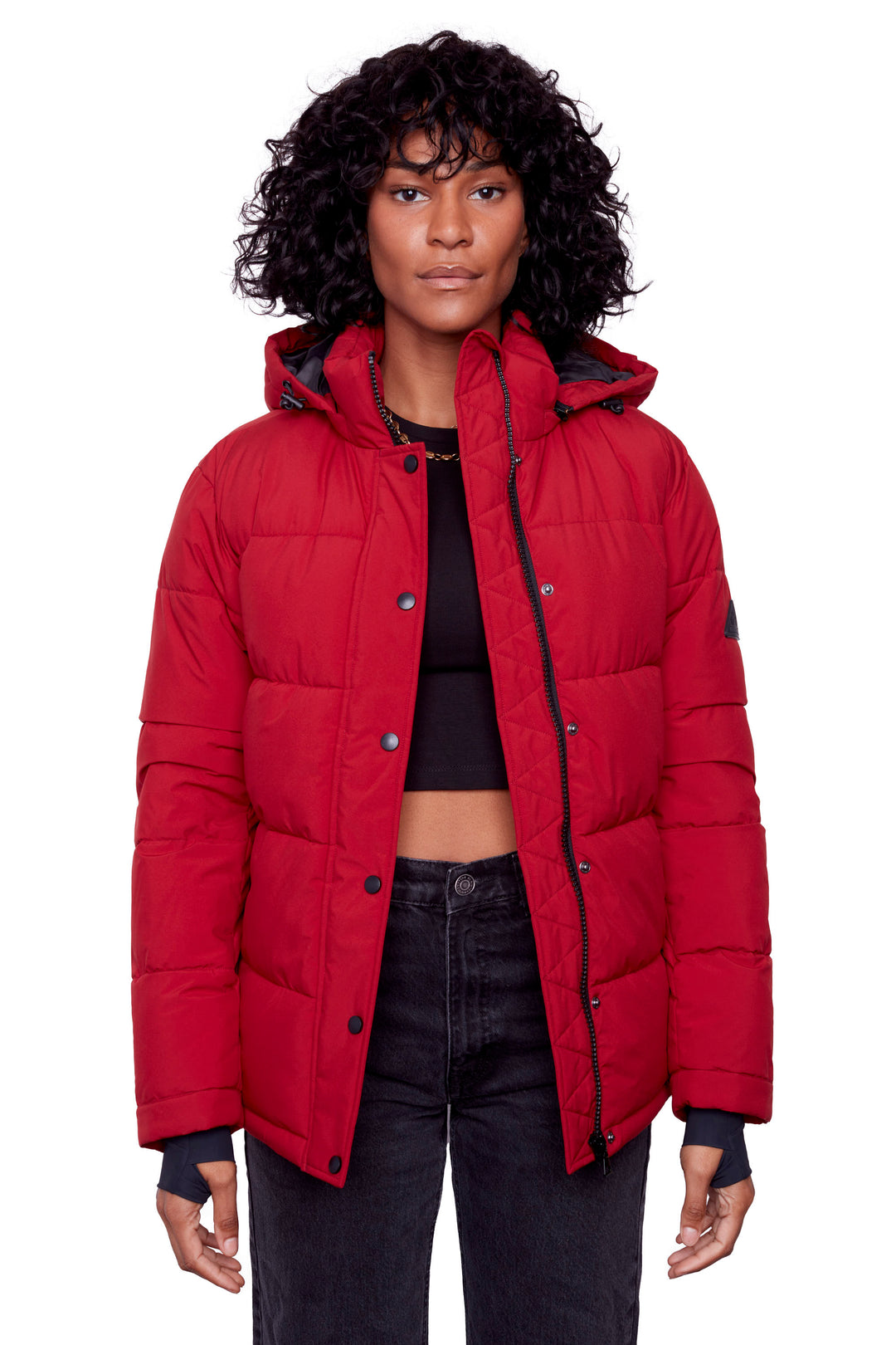 FORILLON | WOMEN'S VEGAN DOWN (RECYCLED) SHORT QUILTED PUFFER JACKET, DEEP RED