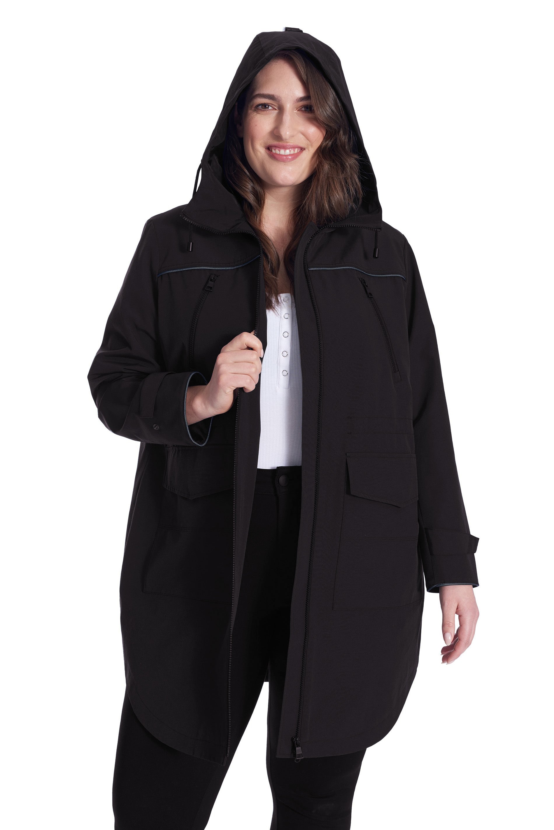 KUSAWA PLUS | WOMEN'S DRAWSTRING RAINCOAT, BLACK (PLUS SIZE