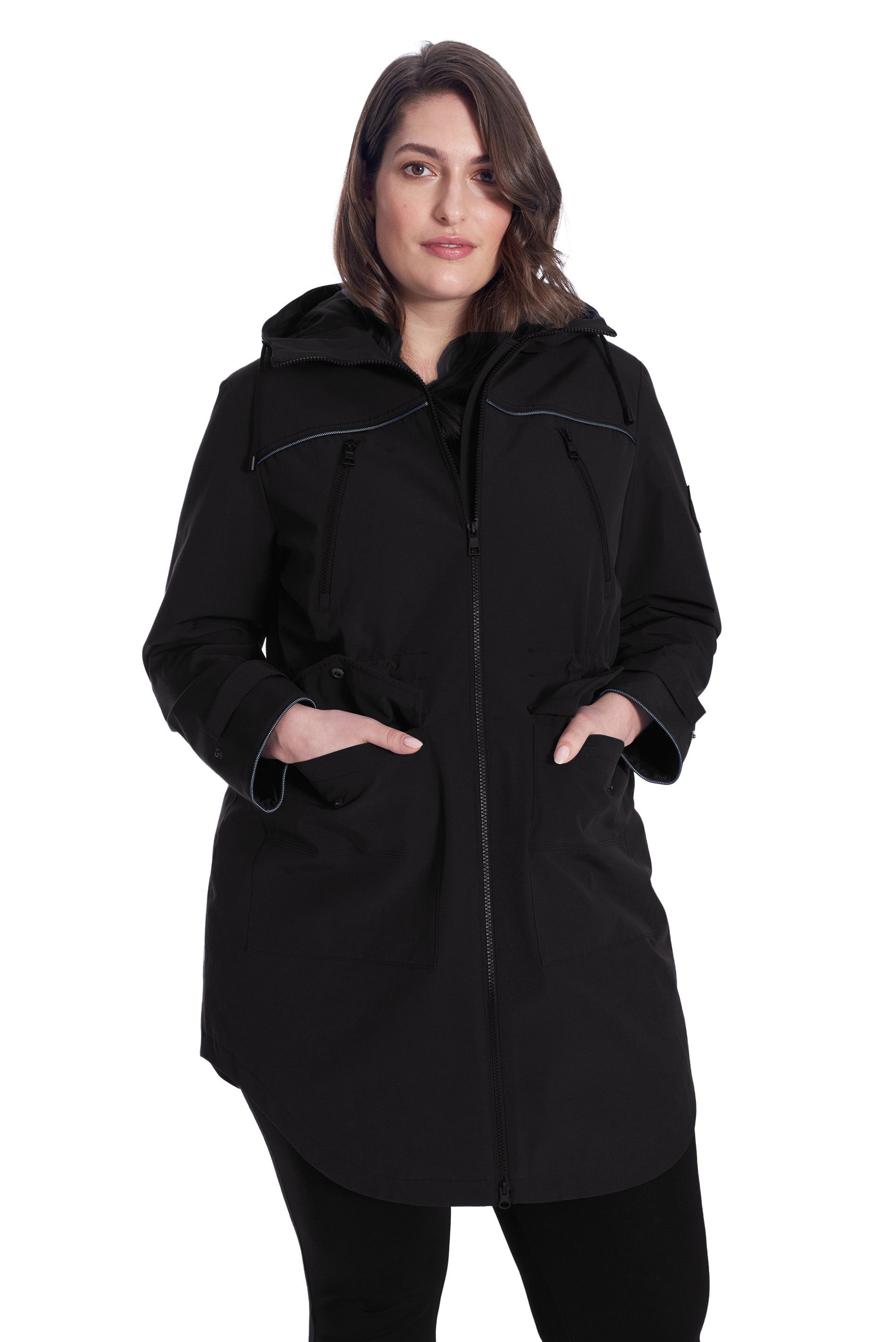 KUSAWA PLUS | WOMEN'S DRAWSTRING RAINCOAT, BLACK (PLUS SIZE
