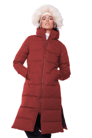 KLUANE | WOMEN'S VEGAN DOWN (RECYCLED) ULTRA LONG LENGTH PARKA, DEEP RED
