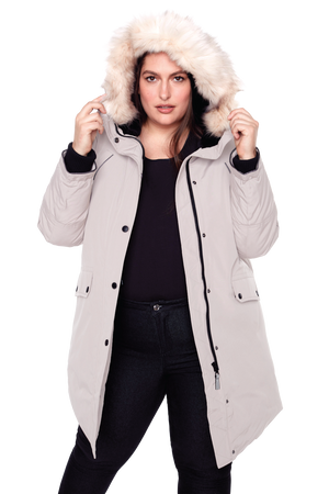 LAURENTIAN PLUS | WOMEN'S VEGAN DOWN (RECYCLED) LONG PARKA, TAUPE (PLUS SIZE)