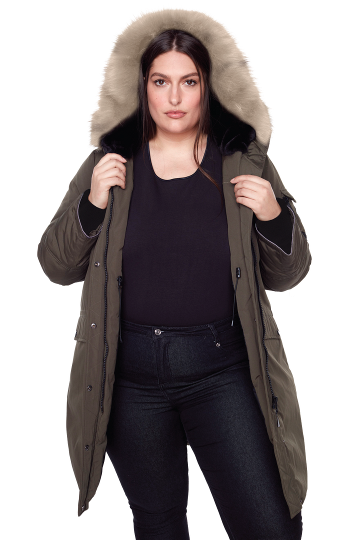 LAURENTIAN PLUS | WOMEN'S VEGAN DOWN (RECYCLED) LONG PARKA, OLIVE (PLUS SIZE)
