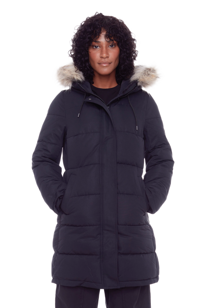 AULAVIK | WOMEN'S VEGAN DOWN (RECYCLED) MID-LENGTH HOODED PARKA COAT, BLACK
