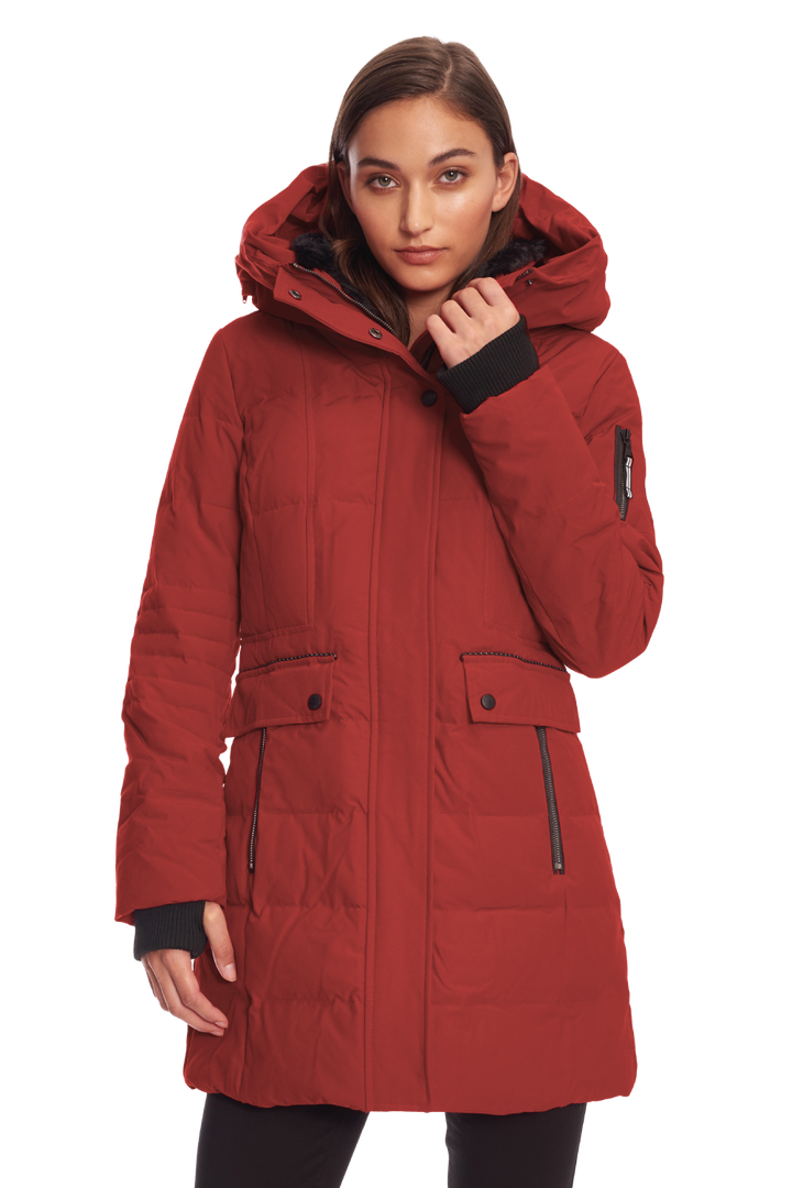 KOOTNEY | WOMEN'S VEGAN DOWN (RECYCLED) MID-LENGTH PARKA, CRIMSON