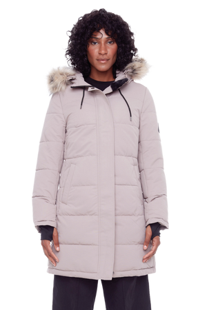 AULAVIK | WOMEN'S VEGAN DOWN (RECYCLED) MID-LENGTH HOODED PARKA COAT, LIGHT TAUPE