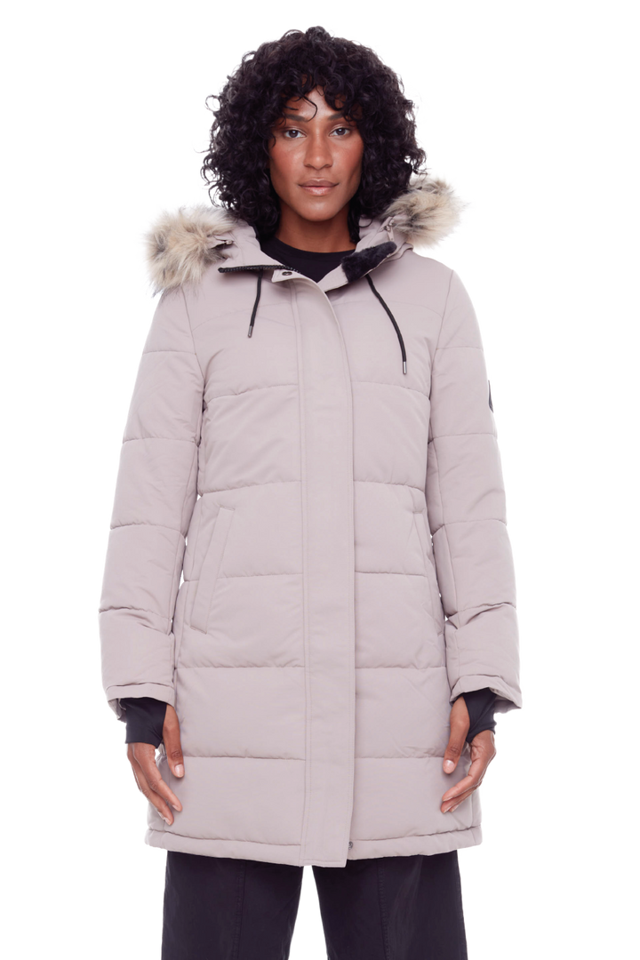 AULAVIK | WOMEN'S VEGAN DOWN (RECYCLED) MID-LENGTH HOODED PARKA COAT, LIGHT TAUPE
