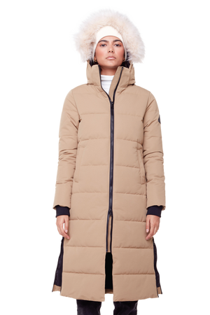 KLUANE | WOMEN'S VEGAN DOWN (RECYCLED) ULTRA LONG LENGTH PARKA, CAMEL
