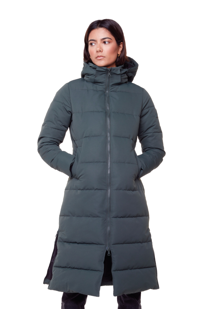 KLUANE | WOMEN'S VEGAN DOWN (RECYCLED) ULTRA LONG LENGTH PARKA, FOREST GREEN