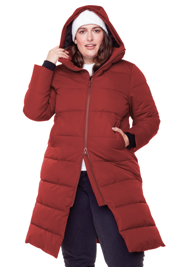 KLUANE PLUS | WOMEN'S VEGAN DOWN (RECYCLED) ULTRA LONG LENGTH PARKA, DEEP RED (PLUS SIZE)