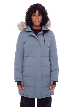 AULAVIK | WOMEN'S VEGAN DOWN (RECYCLED) MID-LENGTH HOODED PARKA COAT, SLATE