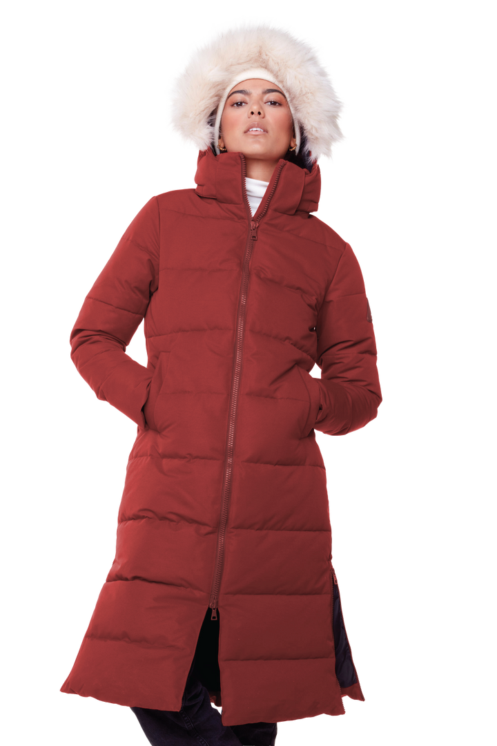 KLUANE | WOMEN'S VEGAN DOWN (RECYCLED) ULTRA LONG LENGTH PARKA, DEEP RED